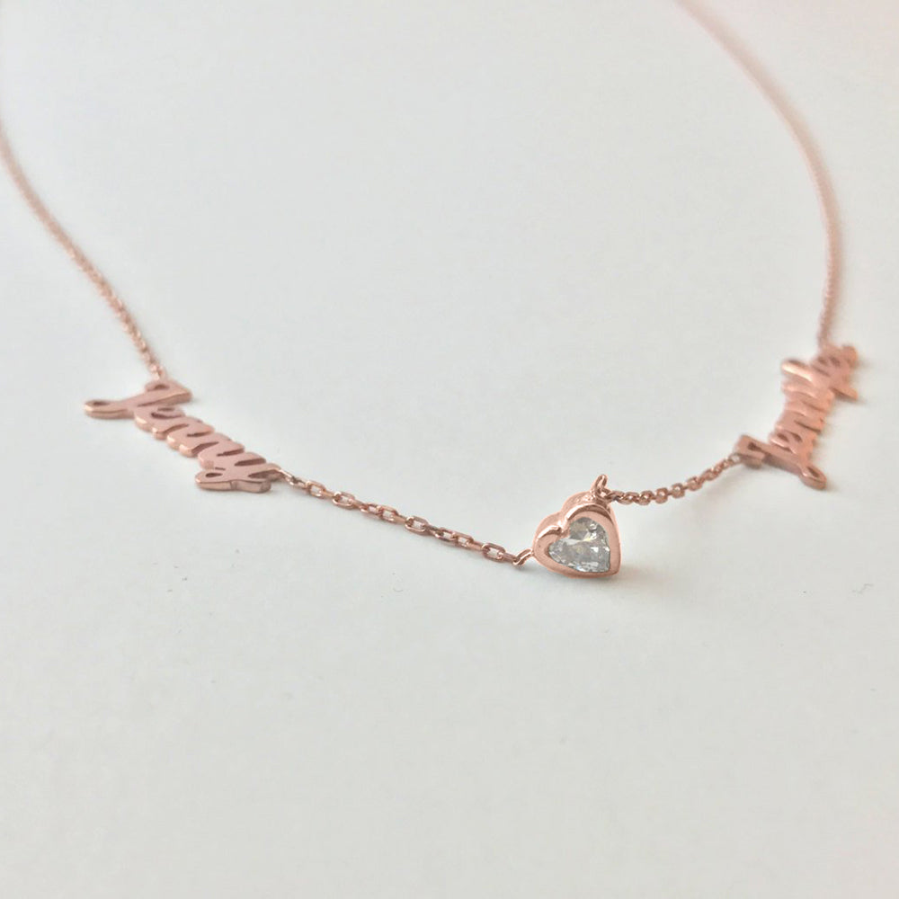 14k Solid Gold Two Names Necklace with Heart Stone