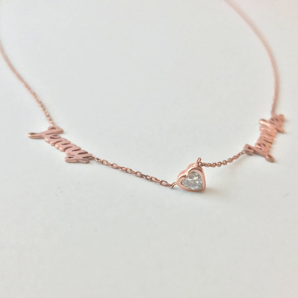 14k Solid Gold Two Names Necklace with Heart Stone