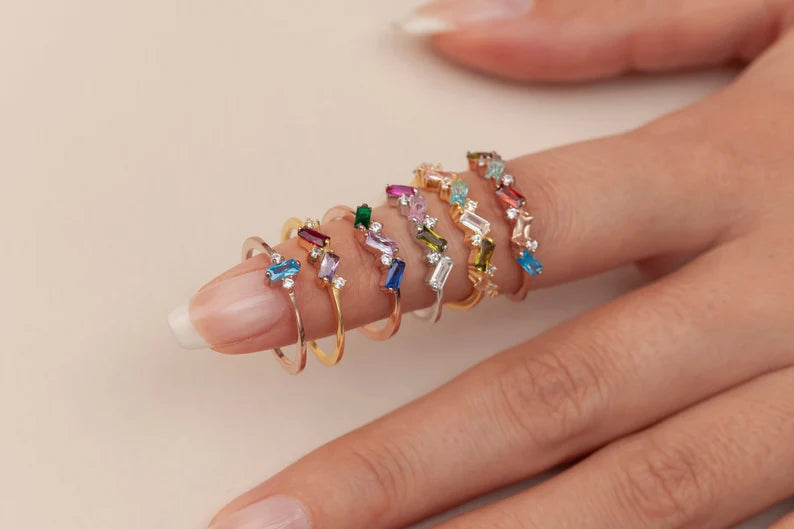 Gold Birthstone Ring, Baguette Ring